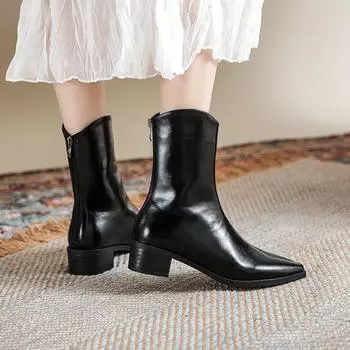 Женские рыцарские сапоги с застежкой-молнией сзади, короткие, с трубчатым носком, ретро-сапоги в британском стиле в стиле вестерн-ковбой 35 чёрный