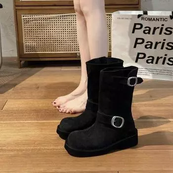 Женские рыцарские сапоги средней высоты из матовой коровьей кожи с круглым носком и толстым каблуком, винтажные женские сапоги-челси, модные и удобные 35 хаки