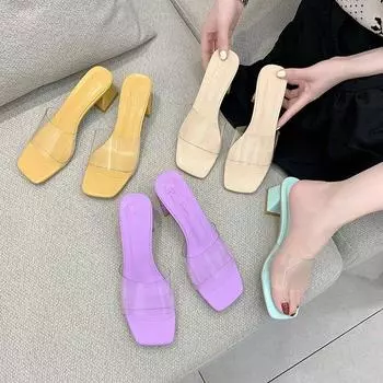 Женские сабо, модные прозрачные сандалии, тапочки на высоком каблуке, женские сандалии, повседневные сандалии, обувь на толстом каблуке 39 бежевый