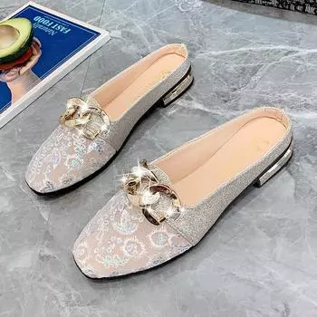 Женские сабо Нарядные туфли на плоской подошве, летние шлепанцы без шнуровки, лоферы с открытой спиной и закрытым квадратным носком, женские сабо на массивном каблуке с металлической цепочкой, повседневная рабочая обувь 35 белый