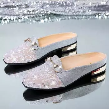 Женские сабо Нарядные туфли на плоской подошве, летние шлепанцы без шнуровки, лоферы с открытой спиной и закрытым квадратным носком, женские сабо на массивном каблуке с металлической цепочкой, повседневная рабочая обувь 35 серебряный