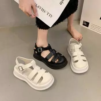 Женские сандалии 2024 года, летние белые повседневные туфли на платформе, модные черные сандалии на толстой подошве с пряжкой на щиколотке, женские спортивные сандалии 35 бежевый