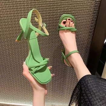 Женские сандалии 2024 года, летние новые модные зеленые босоножки с пряжкой и открытым носком, женские повседневные туфли на высоком каблуке для отдыха на открытом воздухе, банкетные туфли для вечеринок 34 бежевый