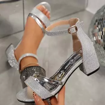 Женские сандалии 2024 года, летние новые модные сексуальные босоножки на среднем высоком каблуке, элегантные повседневные удобные свадебные туфли для женщин 35 серебряный