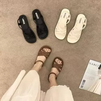 Женские сандалии 2024 года, летние новые женские сандалии на плоской подошве, сандалии с ремешками и нескользящей резиновой подошвой, женские повседневные 35 чёрный