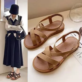 Женские сандалии 2024 года, летняя новая модная обувь в римском стиле, повседневные туфли на плоской подошве с перекрестными ремешками, женские сандалии Mujer 35 чёрный