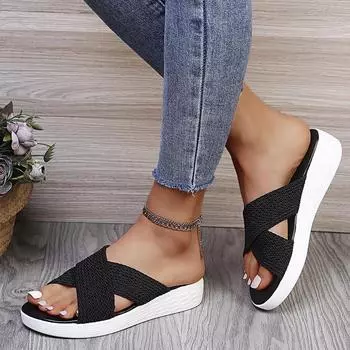 Женские сандалии 2024 года, лето, большие размеры, удобные, дышащие, на танкетке, женские тапочки, плетеные, сандалии на плоской подошве, женские тапочки с закрытым носком 35 чёрный