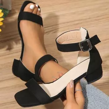 Женские сандалии 2024 года, новые летние женские босоножки на высоком каблуке, модные туфли с пряжкой, повседневная обувь с открытым носком на танкетке, женские сандалии больших размеров 36 чёрный