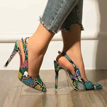 Женские сандалии 2024 года, женские туфли со змеиным принтом, на тонком высоком каблуке с пряжкой на щиколотке, новый стиль, женская мода для вечеринок, элегантные туфли с острым носком, лето 36