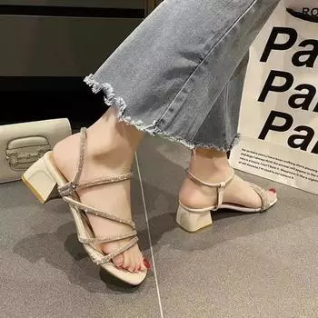 Женские сандалии 2024 Лето Новые элегантные туфли на высоком каблуке для улицы Модные повседневные туфли со стразами с открытым носком Большие женские туфли 35 бежевый