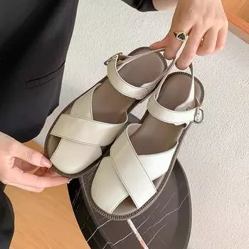 Женские сандалии Baotou, летняя универсальная верхняя одежда, удобная кожаная женская обувь с полым перекрестным ремешком, римские туфли на плоской подошве