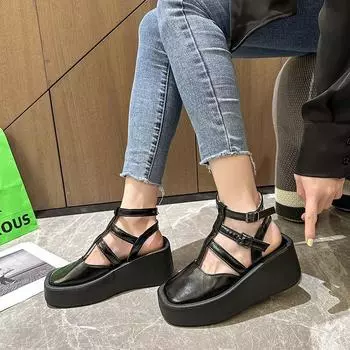 Женские сандалии Baotou на толстой подошве, летние, новые, с квадратным носком и пряжкой, женская обувь, однотонные, с выдолбленной танкеткой, модные каблуки для женщин 35
