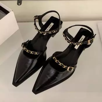 Женские сандалии Baotou, осенние, новые, с острым носком, с мелким носком, с металлической цепочкой по бокам, дышащие, одинарные туфли 35 бежевый