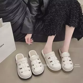 Женские сандалии Baotou с гранатовым цветком, 2024 г.: Универсальные двухсторонние летние тапочки с ажурным дизайном и мягкой плоской подошвой для комфорта и стиля. 40-41