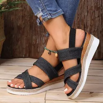 Женские сандалии большого размера, лето 2024, новые повседневные женские сандалии с плоской подошвой и танкеткой, с заостренным носком 36 чёрный