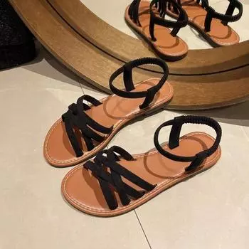 Женские сандалии большого размера с леопардовым принтом, новинка 2024 года, римские модные противоскользящие пляжные сандалии на плоской подошве на одну ногу 35