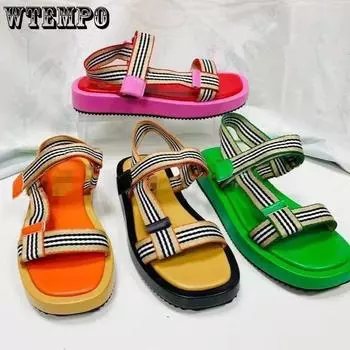 Женские сандалии большого размера с одной линией и пряжкой, летние римские сандалии с открытым носком в черно-белую полоску, застежки-липучки 36 чёрный