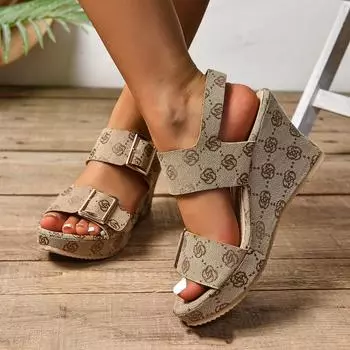 Женские сандалии Босоножки на массивном каблуке без шнуровки Босоножки на танкетке с открытым носком и принтом Пляжные сандалии с перекрестными ремешками Большие размеры 36-43 43 темно-синий