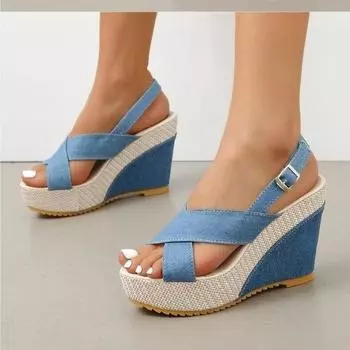 Женские сандалии Босоножки на массивном каблуке без шнуровки с открытым носком на платформе Сандалии на танкетке Джинсовые пляжные сандалии с перекрестными ремешками Большие размеры 35-42 35 чёрный