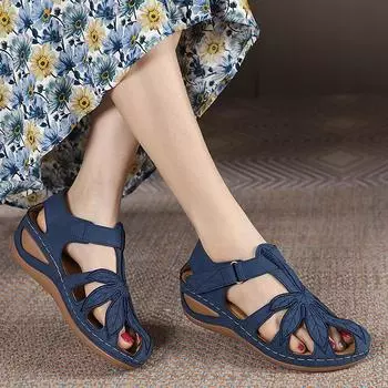 Женские сандалии Car Line, нескользящие, легкие, мягкие, подошва из говяжьих сухожилий, большие размеры, каблук-танкетка в стиле ретро, удобные женские сандалии 36 коричневый