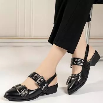 Женские сандалии Черные сандалии на плоской подошве с металлическими пряжками Женские с острым носком Роскошные дизайнерские летние мягкие туфли для женщин Sandalias De Mujer 36 чёрный