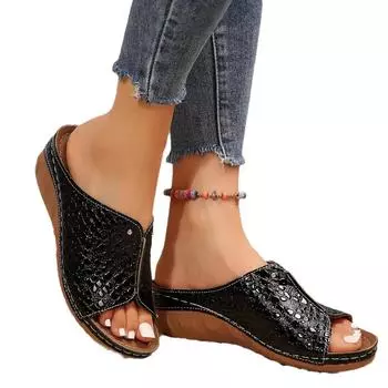 Женские сандалии Черные Золотые Серебристые Туфли на танкетке и платформе для женщин Большой размер 36-43 Ретро Толстая подошва Гладиаторские сандалии Шлепанцы Женские 36