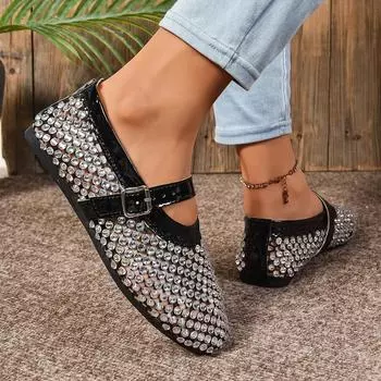Женские сандалии Crystal Women Mary Jane Ballet Shoes 2024 New Summer Laofers Casual Comfortable Flats Zapatos De Mujer 35 чёрный