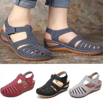 Женские сандалии из искусственной кожи на танкетке с круглым носком, однотонные летние дышащие скандальные туфли больших размеров 34 красный