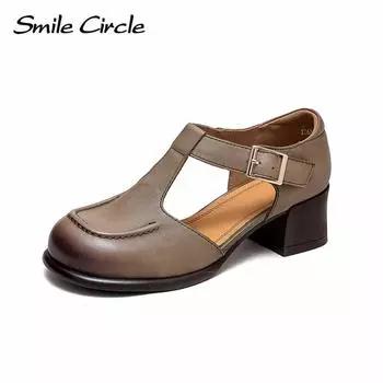 Женские сандалии из натуральной кожи на массивном каблуке, туфли на плоской подошве с пряжкой на толстом каблуке, модные летние сандалии в стиле ретро на толстой подошве 35 серый