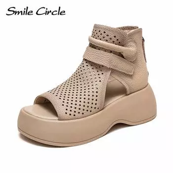 Женские сандалии из натуральной кожи на массивном каблуке, дышащие женские сапоги в стиле ретро с круглым носком на высоком каблуке 35 бежевый