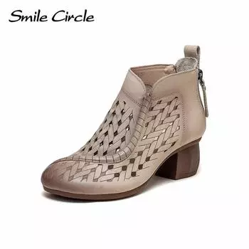 Женские сандалии из натуральной кожи на массивном каблуке, дышащие ботинки в стиле ретро с круглым носком и полым каблуком 35 бежевый