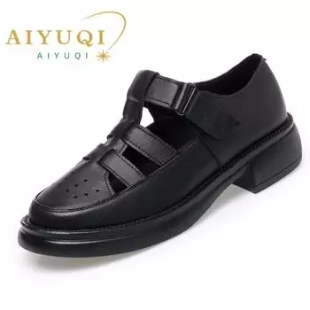 Женские сандалии из натуральной кожи, нескользящие женские летние сандалии большого размера, повседневные женские сандалии-гладиаторы с круглым носком 34 чёрный