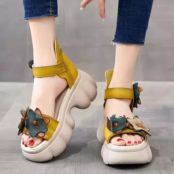 Женские сандалии из натуральной кожи, новинка 2024 года, летняя женская обувь на липучке, повседневные женские сандалии на танкетке в стиле ретро на липучке 35 бежевый