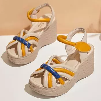 Женские сандалии из натуральной кожи, новинка 2024 года, летняя женская обувь на липучке, повседневные женские сандалии на танкетке в стиле ретро на липучке 34 бежевый