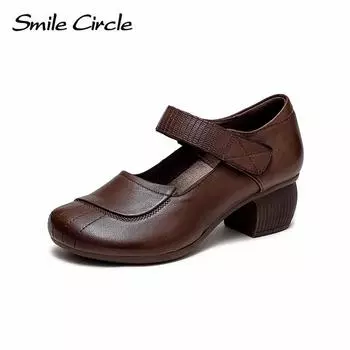 Женские сандалии из натуральной кожи, повседневная женская рабочая обувь на высоком каблуке на платформе и толстом каблуке в стиле ретро 35 коричневый