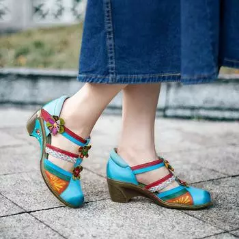 Женские сандалии из натуральной кожи, ручная роспись в стиле ретро, босоножки на высоком каблуке с цветочным узором, обувь 36 красный
