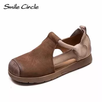 Женские сандалии из натуральной кожи с круглым носком и открытым носком, модная удобная повседневная обувь 35 коричневый