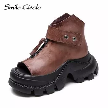 Женские сандалии из натуральной кожи с пряжкой, высокие, на толстой подошве, модная, удобная, повседневная обувь 34 коричневый