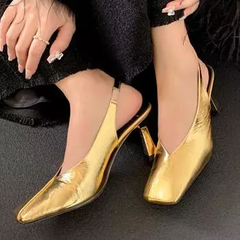 Женские сандалии из натуральной кожи, толстые высокие каблуки с босоножками, лаконичные летние туфли для вечеринок с квадратным носком, размеры золотистого, серебряного цвета 34–40 34 золотой