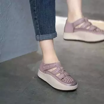 Женские сандалии из натуральной кожи в стиле ретро на толстой подошве, удобные дышащие туфли ручной работы на плоской подошве с круглым носком 36 фиолетовый