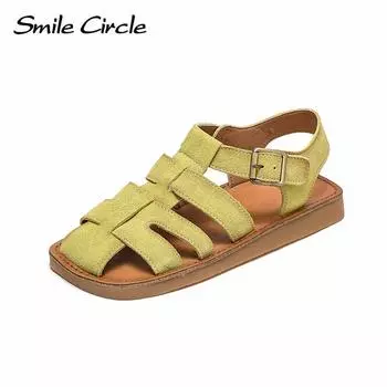 Женские сандалии из натуральной замши, туфли на плоской подошве с тканой пряжкой, модная дышащая повседневная обувь 35 зелёный