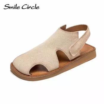 Женские сандалии из натуральной замши, туфли на плоской подошве с полой пряжкой, модная повседневная обувь в стиле ретро 35 бежевый