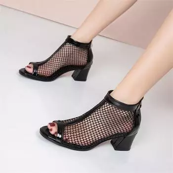 Женские сандалии из сетчатой ткани с круглым носком на толстом высоком каблуке с застежкой-молнией, ботинки лаконичного дизайна, женская модная обувь, летняя белая обувь 46 33 чёрный