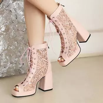 Женские сандалии из сетки с открытым носком на толстом высоком каблуке и платформе со шнуровкой на молнии, сексуальные ботинки для джазовых танцев, женская обувь, лето 46 33 бежевый