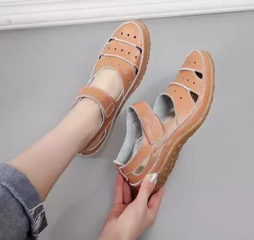 Женские сандалии из спилковой кожи на плоской подошве, летняя повседневная обувь, мягкие подошвы, пляжные сандалии, большие размеры 35 бежевый