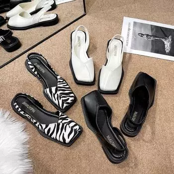 Женские сандалии Элегантные туфли на плоской подошве с квадратным носком для женщин Модные сандалии на низком каблуке Брендовые дизайнерские женские туфли для вечеринок 35 чёрный