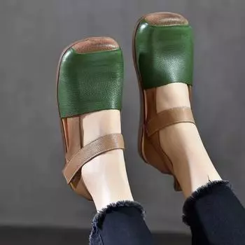 Женские сандалии Johnature из натуральной кожи в стиле ретро, разноцветные туфли на плоской подошве с квадратным носком и мягкой подошвой 36 коричневый