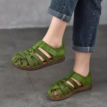 Женские сандалии Johnature Retro Woven из натуральной кожи с мягкой подошвой и плоскими ажурными римскими босоножками 35 коричневый