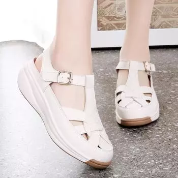 Женские сандалии, летние базовые пляжные дышащие сандалии на танкетке с закрытым носком, повседневные мягкие прогулочные сандалии для девочек, большие размеры EU:35 бежевый