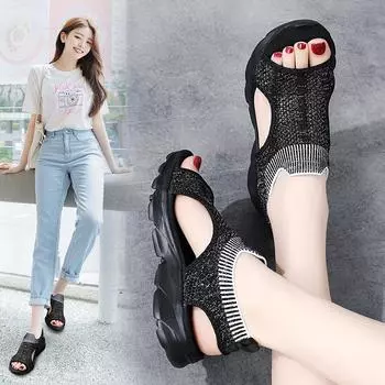 Женские сандалии, летние базовые пляжные дышащие туфли Мэри Джейн на плоской подошве, повседневные мягкие прогулочные сандалии с открытым носком для девочек, большие размеры EU:35 чёрный